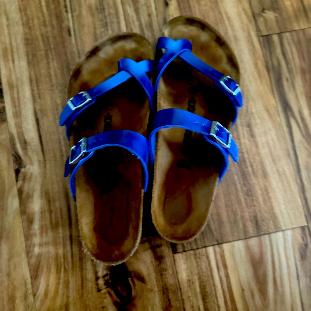 Birkenstock Mayari Blue Metallic Criss Cross Sandals Silver Buckle Pre-Owned